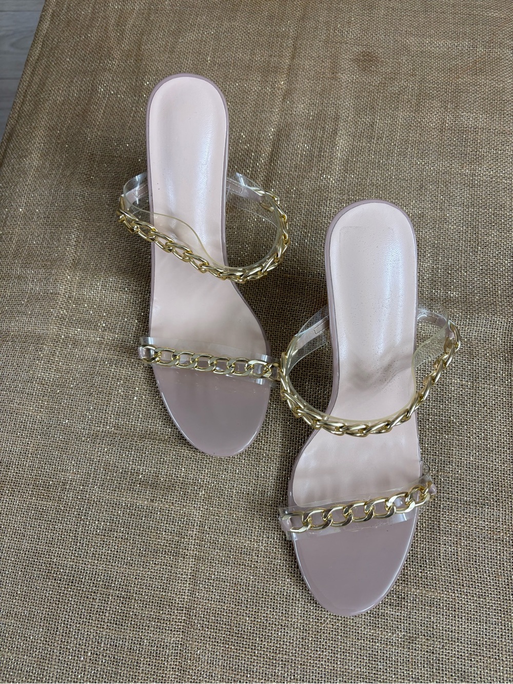 Clear PVC Gold Chain Block Heel Mule Sandals | Nude Blush Slip-On Heels - Picture 2 of 5
